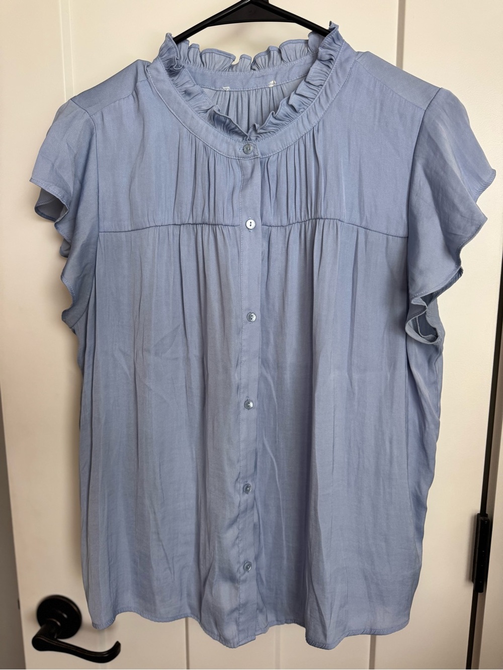 Light Blue Ruffle Collar Button-Front Women's Top